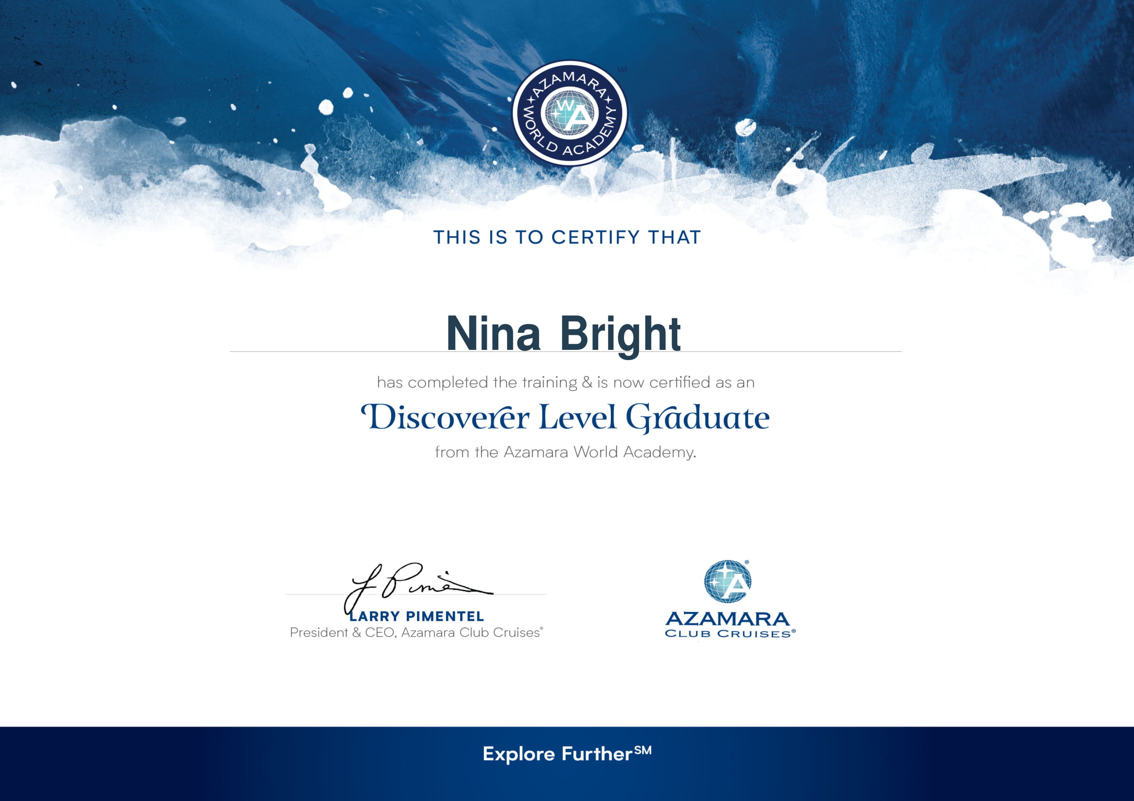 Azamara World Acadrmy Discoverer Level Graduate Certificate-1