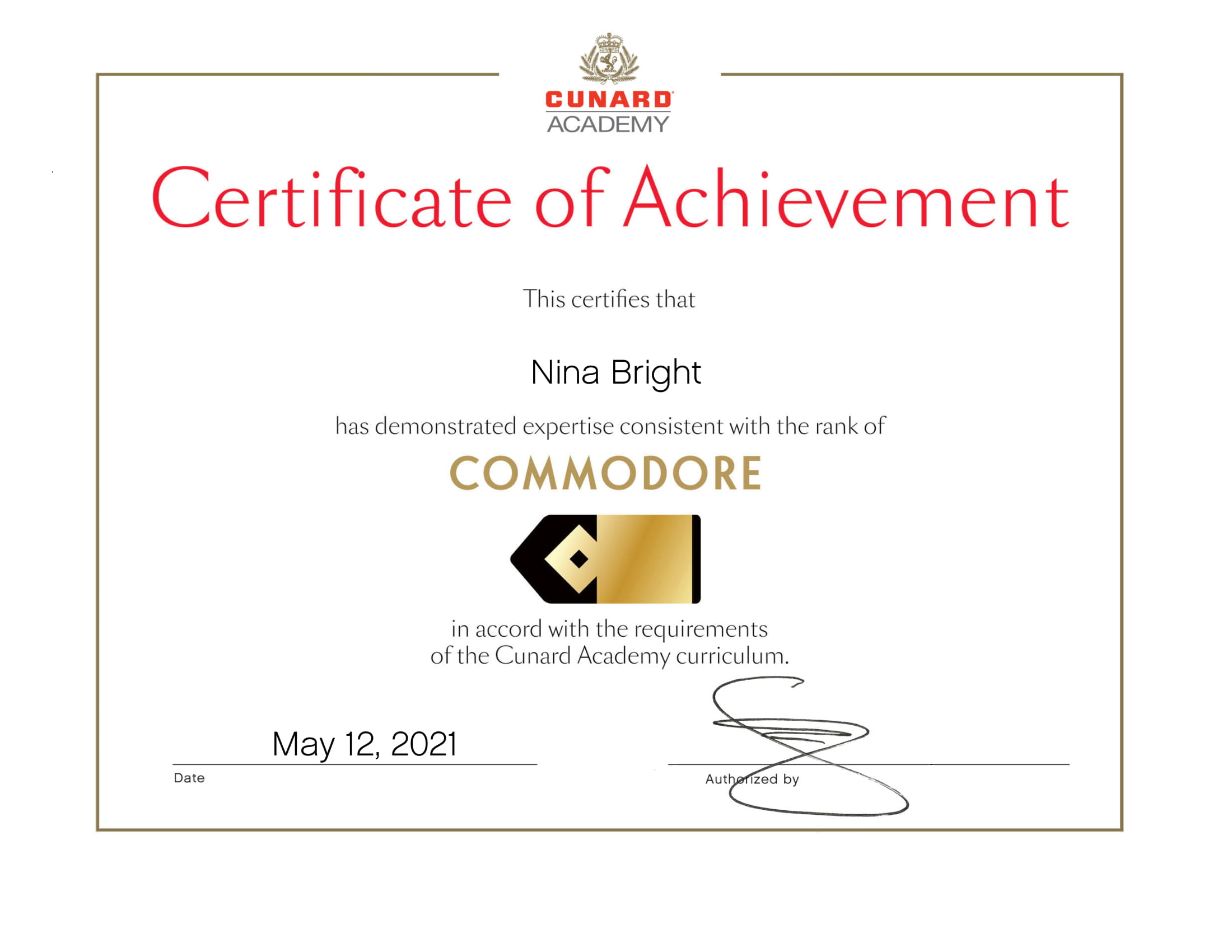 Cunard - Commodore Certificate of Achievement Certificate-1 Cunard - Commodore Certificate of Achievement Certificate-1