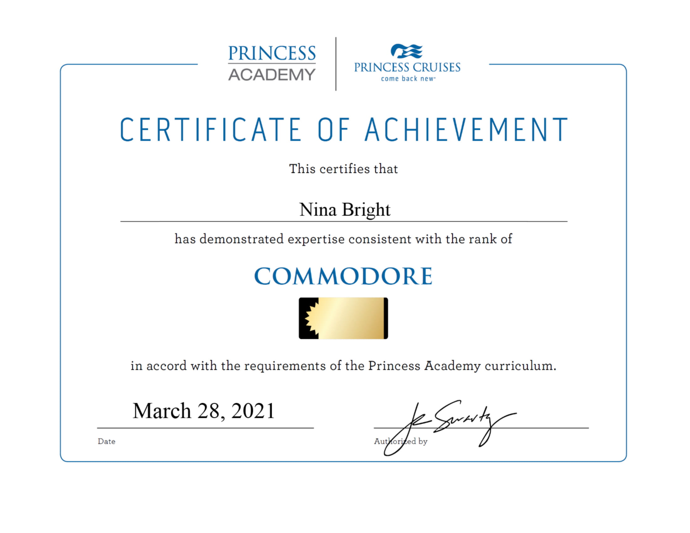 Princess Cruises Commodore Certificate-1